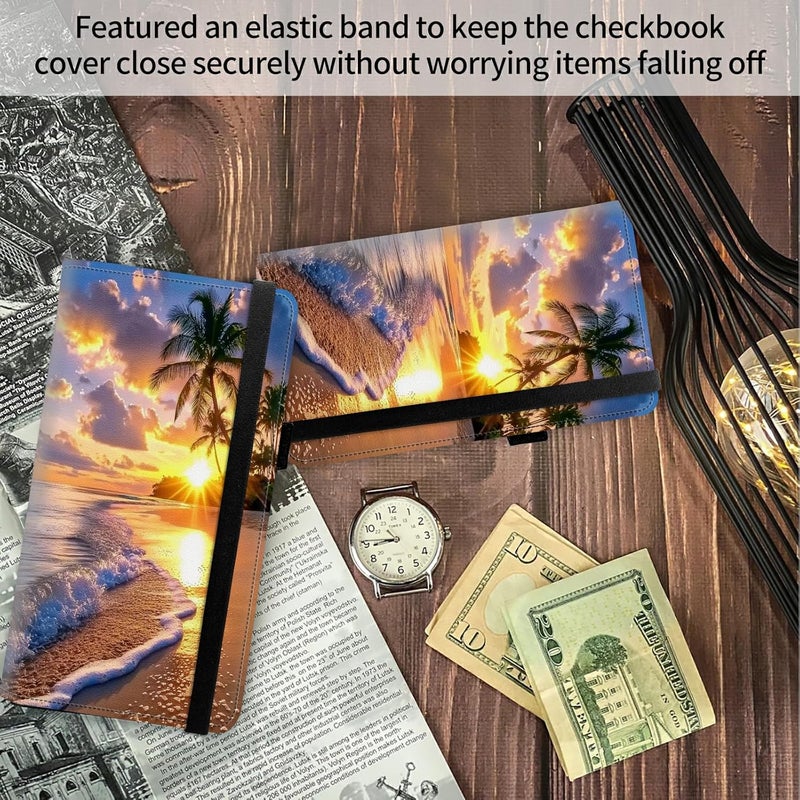 FUYOCWE Leather Checkbook Cover for Men Women Checkbook Covers Personal Checks Card Register Holder Wallet W/RFID Blocking & Pen Holder-Beach Sunset - Image 4